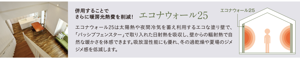 併用することでさらに暖房光熱費を削減！エコナウォール25は太陽熱や夜間冷気を蓄え利用するエコな塗り壁で、「パッシブフェンスター」で取り入れた日射熱を吸収し、壁からの輻射熱で自然な暖かさを体感できます。吸放湿性能にも優れ、冬の過乾燥や夏場のジメジメ感を低減します。