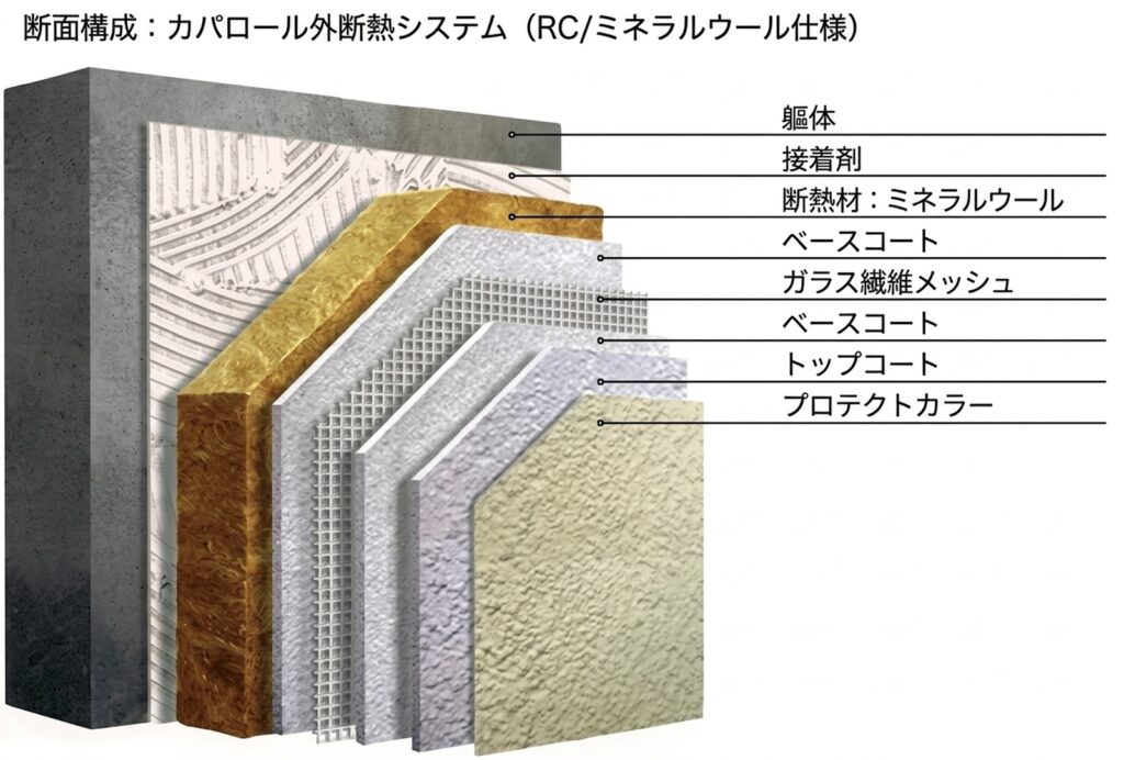 カパロール外断熱システム、ミネラルウールラメラ断面構成