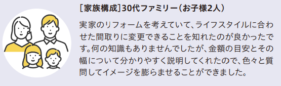 家族構成　30代ファミリー(お子様２人)
実家のリフォームを考えていて、ライフスタイルに合わせた間取りに変更できることを知れたのが良かったです。何の知識もありませんでしたが、金額の目安とその幅について分かりやすく説明してくれたので、色々と質問してイメージを膨らませることができました。