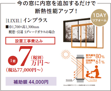今の窓に内窓を追加するだけで断熱性能アップ！