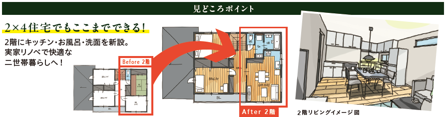 2×4住宅でもここまでできる！
2階にキッチン・お風呂・洗面を新設。実家リノベで快適な二世帯暮らしへ！