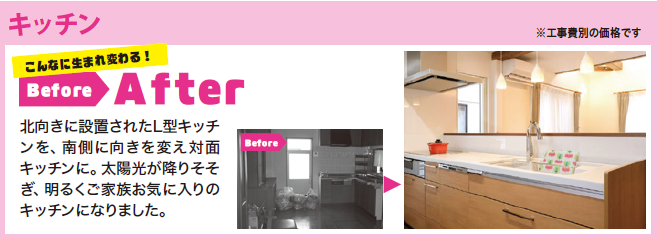 北向きに設置されたL型キッチンを、南側に向きを変え対面キッチンに。太陽光が降りそそぎ、明るくご家族お気に入りのキッチンになりました。