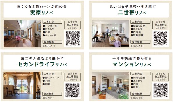 古くても全額ローンが組める実家リノベ
思い出も子世帯へ引き継ぐ二世帯リノベ
第二の人生をより豊かにセカンドライフリノベ
一年中快適に暮らせるマンションリノベ