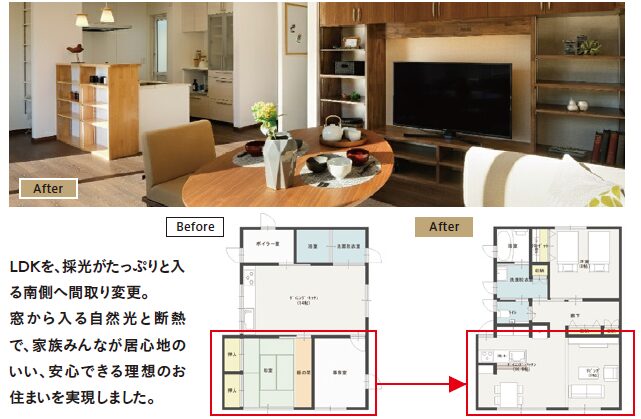 LDKを採光がたっぷりと入る南側へ間取り変更。窓から入る自然光と断熱で、家族みんなが居心地のいい、安心できる理想のお住まいを実現しました。