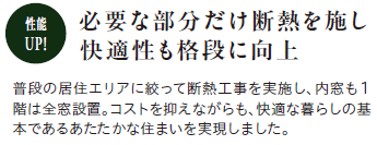 【性能UP！】必要な部分だけ断熱を施し快適性も格段に向上
普段の居住エリアに絞って断熱工事を実施し、内窓も1階は全窓設置。コストを抑えながらも、快適な暮らしの基本であるあたたかな住まいを実現しました。
