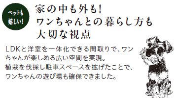 【ペットも嬉しい！】家の中も外も！ワンちゃんとの暮らし方も大切な視点
LDKと洋室を一体化できる間取りで、ワンちゃんが楽しめる広い空間を実現。植栽を伐採し駐車スペースを拡げたことで、ワンちゃんの遊び場も確保できました。