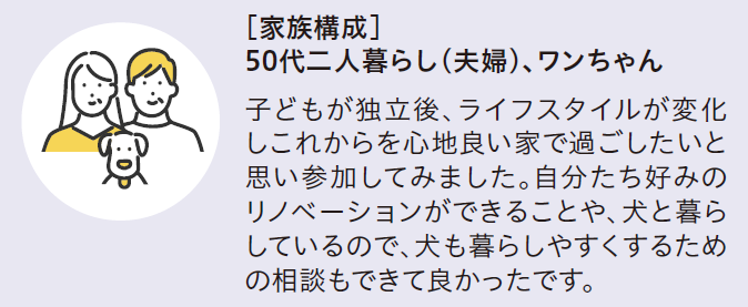 家族構成 50代二人暮らし(夫婦)、ワンちゃん
子どもが独立後、ライフスタイルが変化しこれからを心地良い良い家で過ごしたいと思い参加してみました。自分たち好みのリノベーションができることや、犬と暮らしているので、犬も暮らしやすくするための相談もできて良かったです。