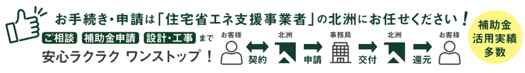 お手続き・申請は「住宅省エネ支援事業者」の北洲にお任せください!
ご相談 補助金活用 設計・工事 安心ラクラクワンストップ!
補助金活用実績多数